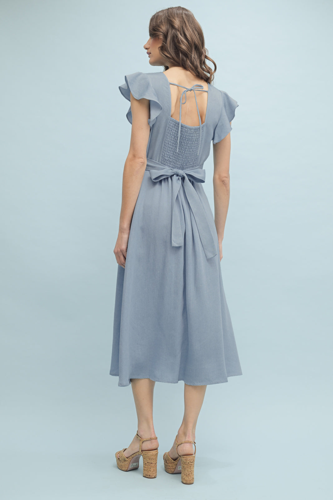 Wishlist DENIM RUFFLE BUTTON-UP MIDI DRESS