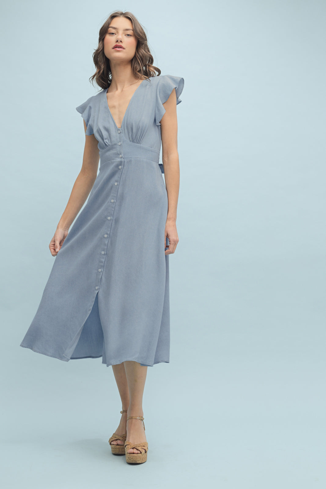Wishlist DENIM RUFFLE BUTTON-UP MIDI DRESS