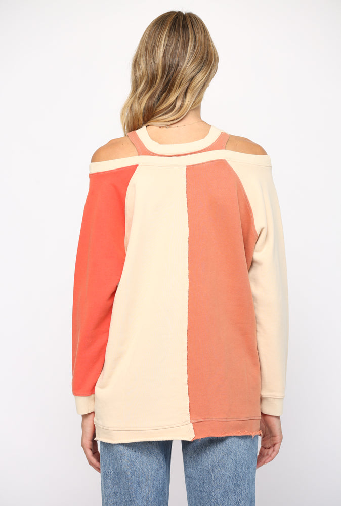 FATE® Washed Cotton Color Block Cold Shoulder Tunic Top