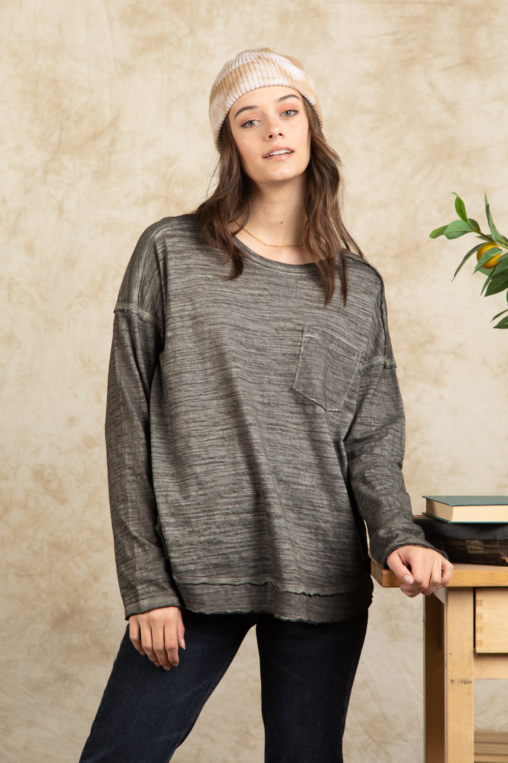 Oversized Long Sleeve Stoned Washed T-shirt
