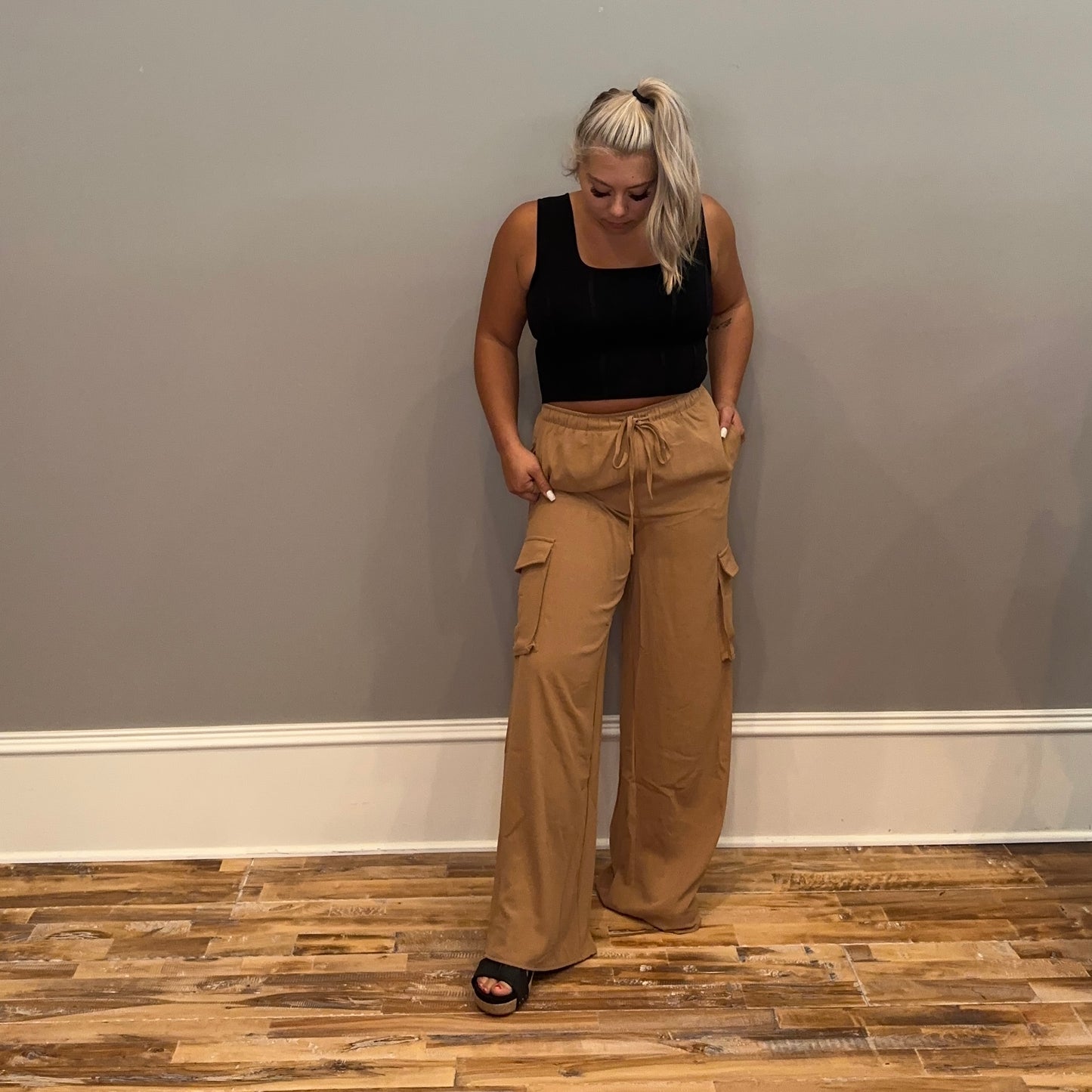 Wide Leg Cargo Pants With Front Tie & Pockets