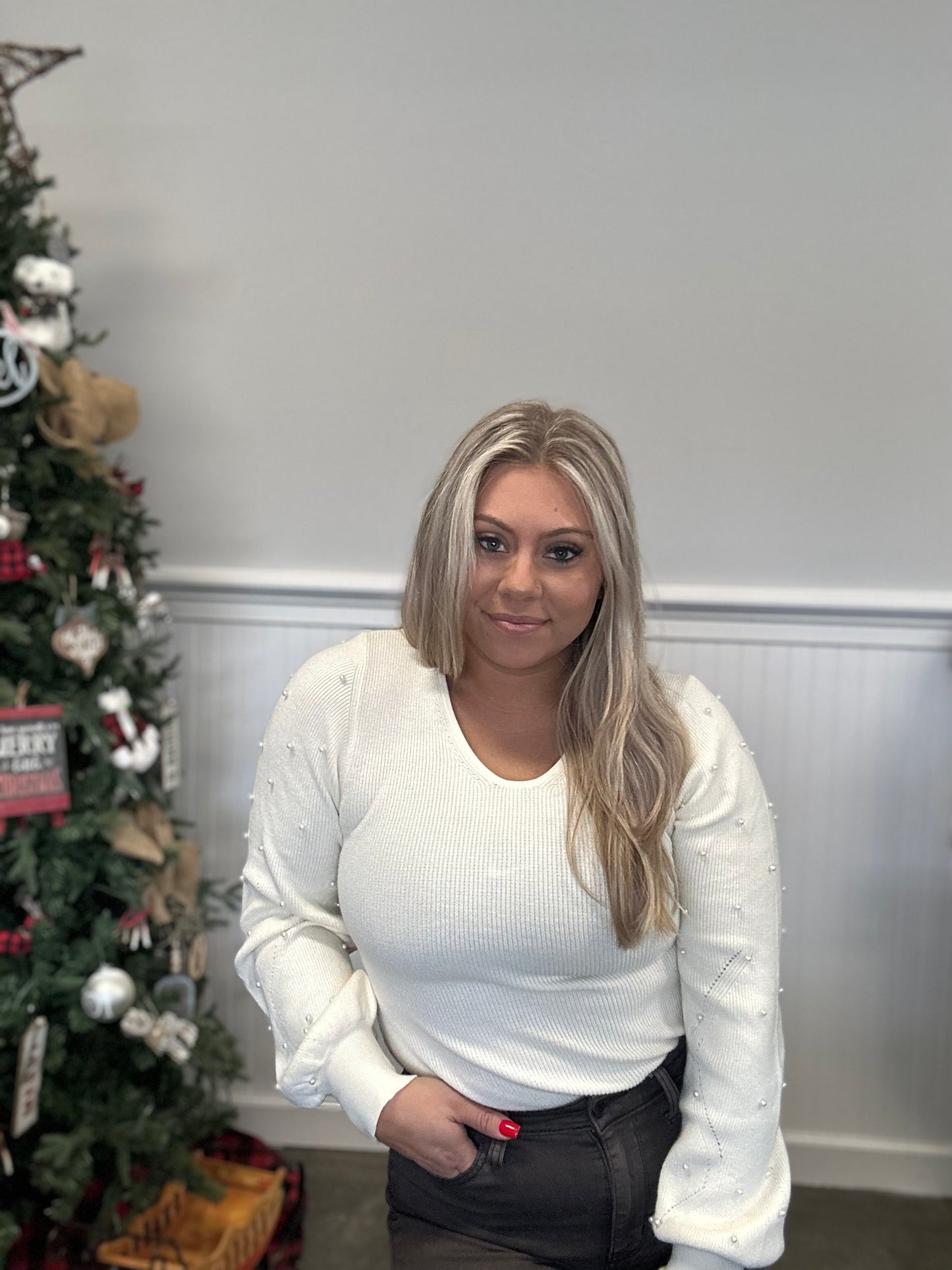 Pearly Streets Sweater Bodysuit- Cream