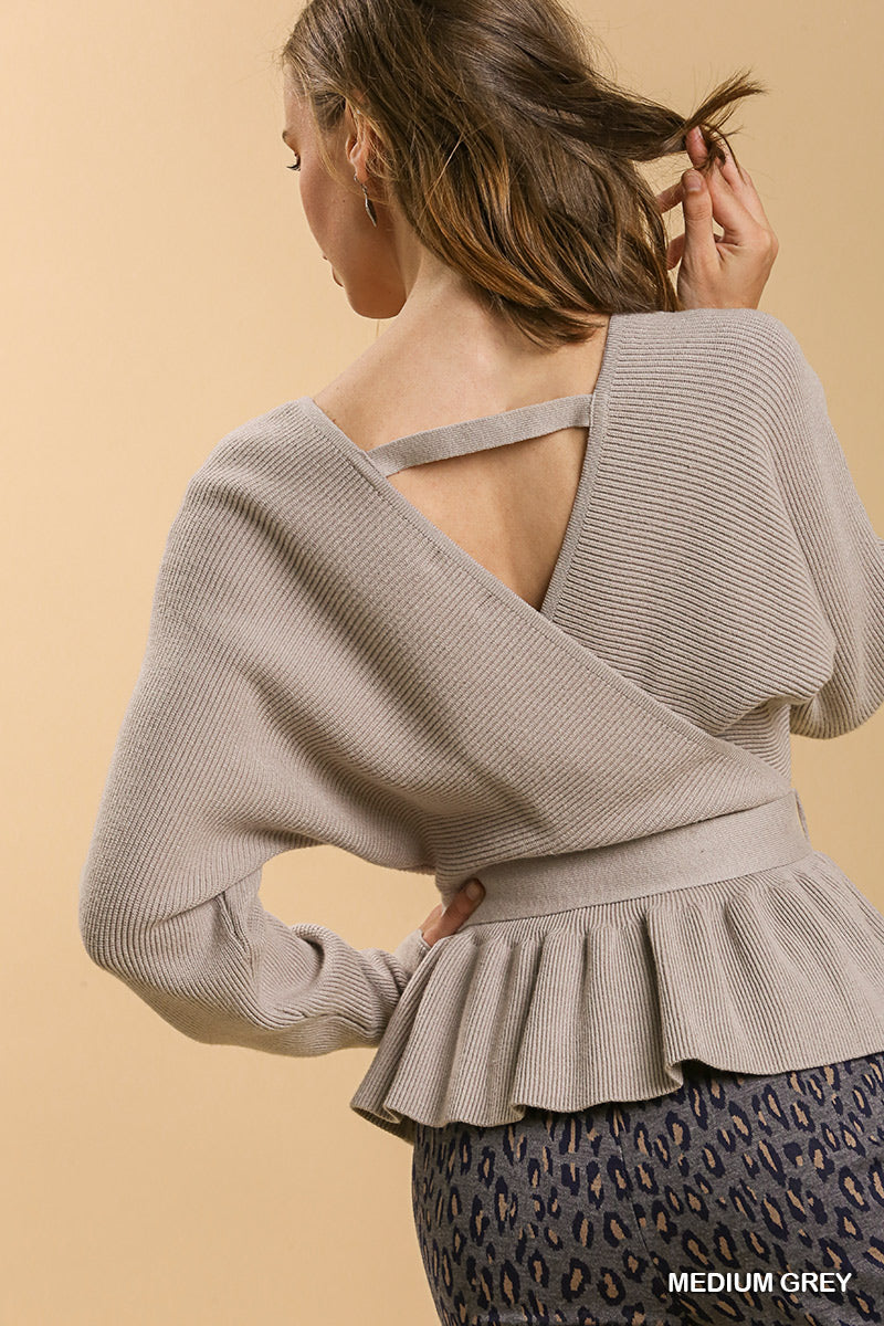 V-Neck Tie Waist Wrap Sweater