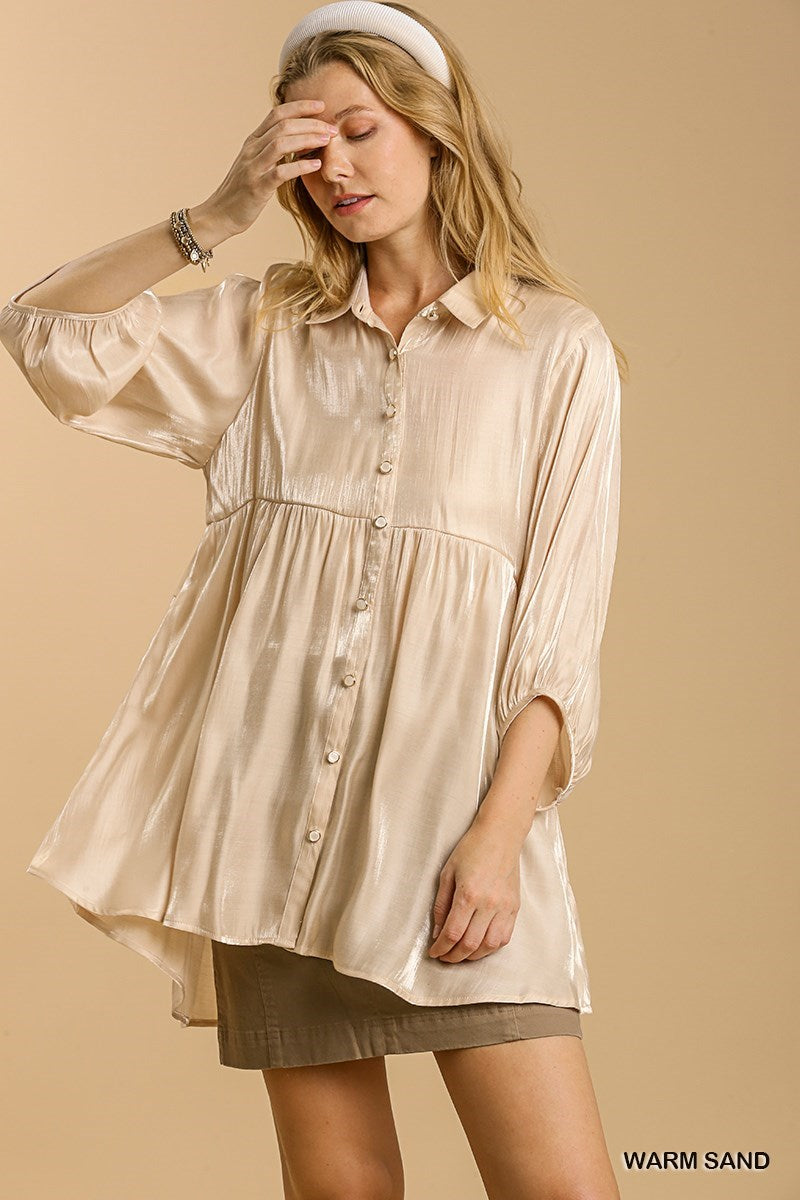 UMGEE® Shimmer Satin Button Down High-Low Hem Tunic Dress