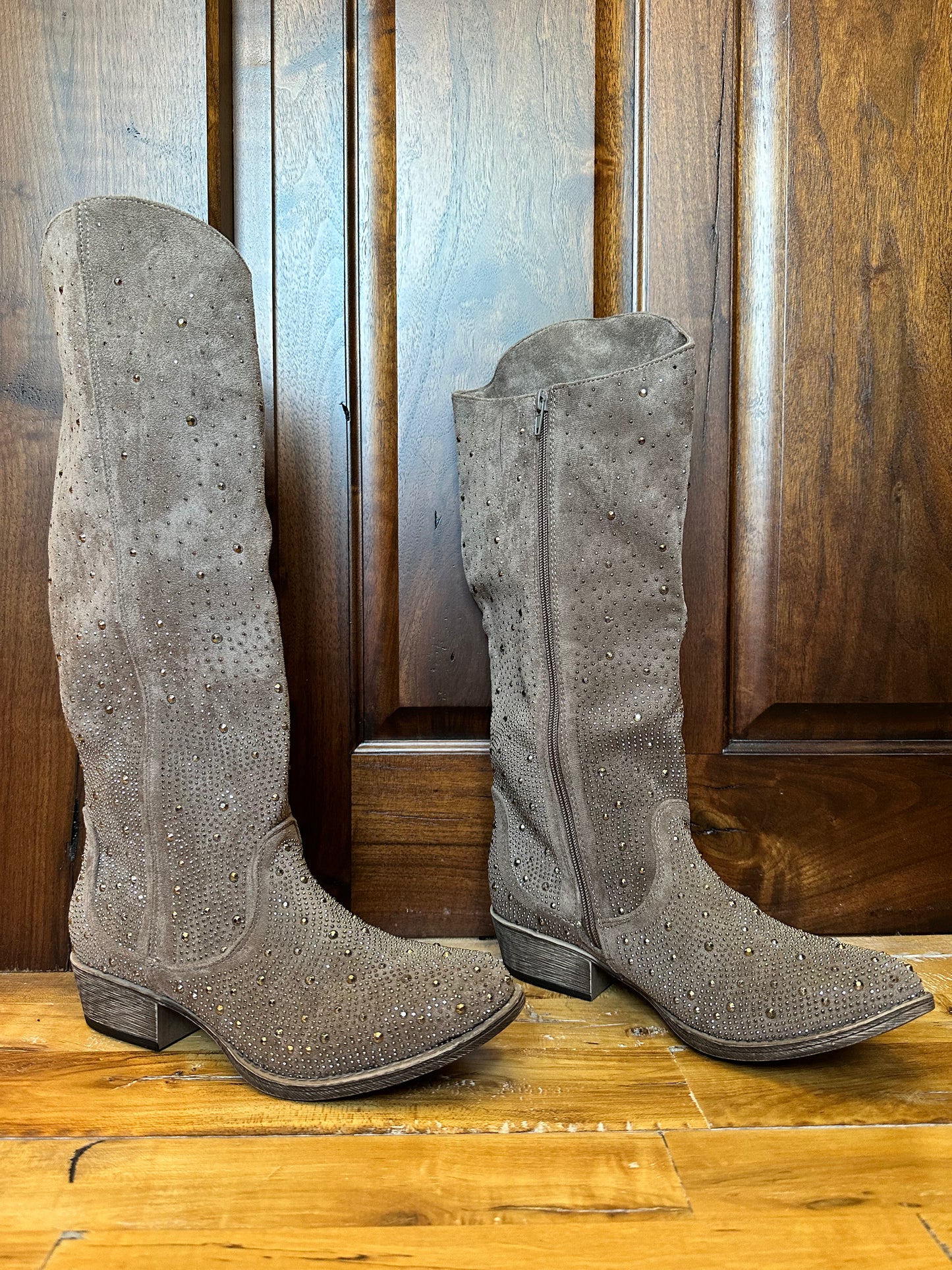 Round Toe Crystal Asymmetric Calf Boot