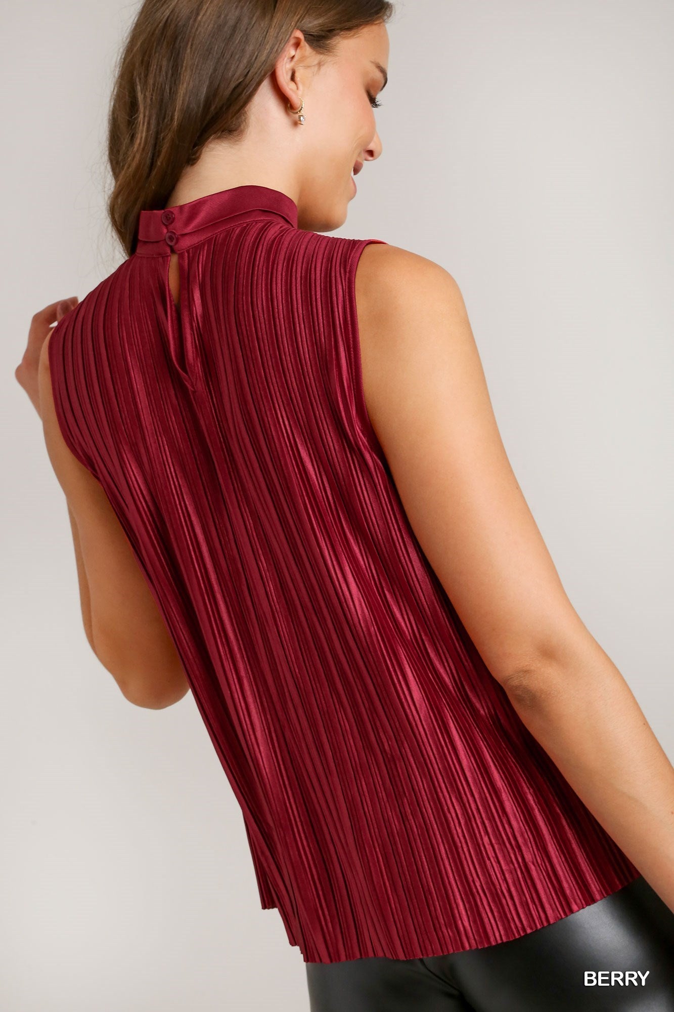 Sleeveless Satin Pleated Mock Neck