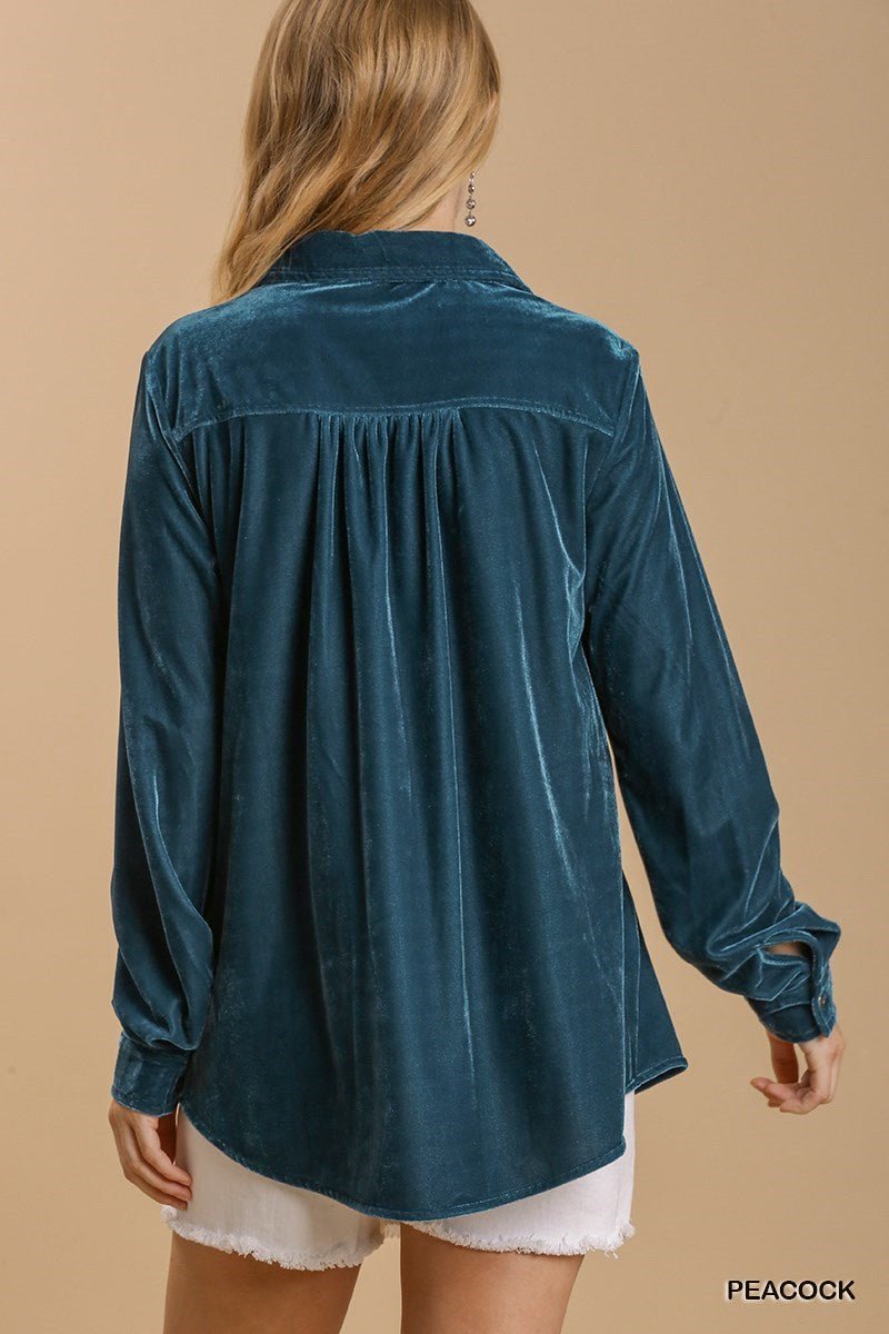 Umgee® Long Sleeve Velvet Button Up Top with Pockets
