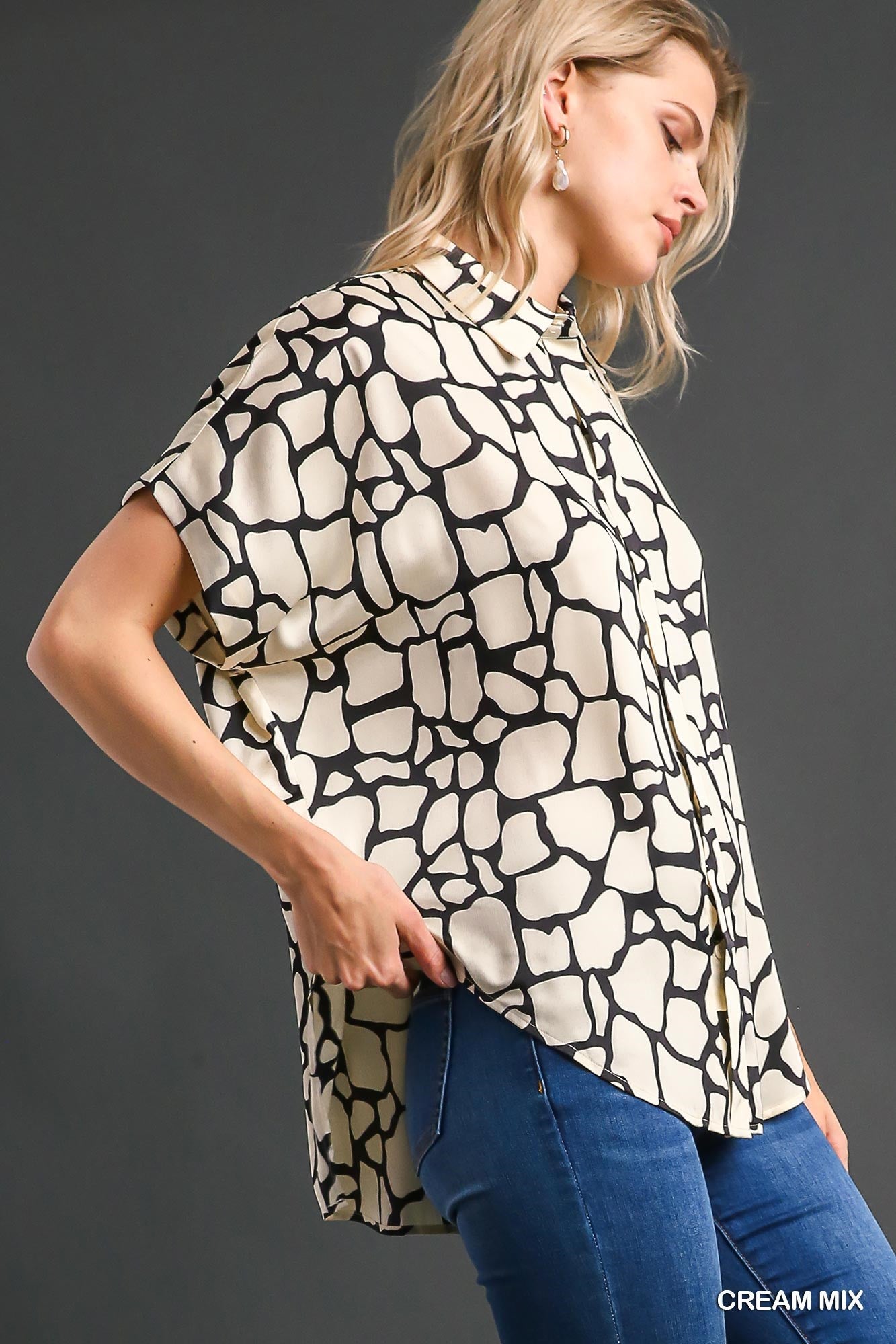 Collared Button Down Print Short Sleeve Top