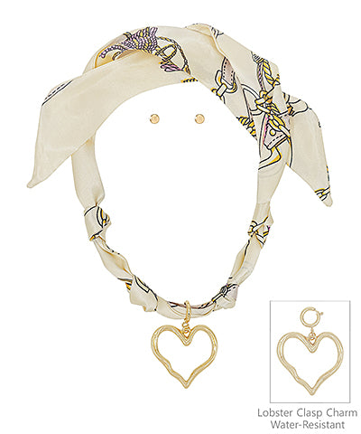 Heart Charm Scarf Necklace and Earrings