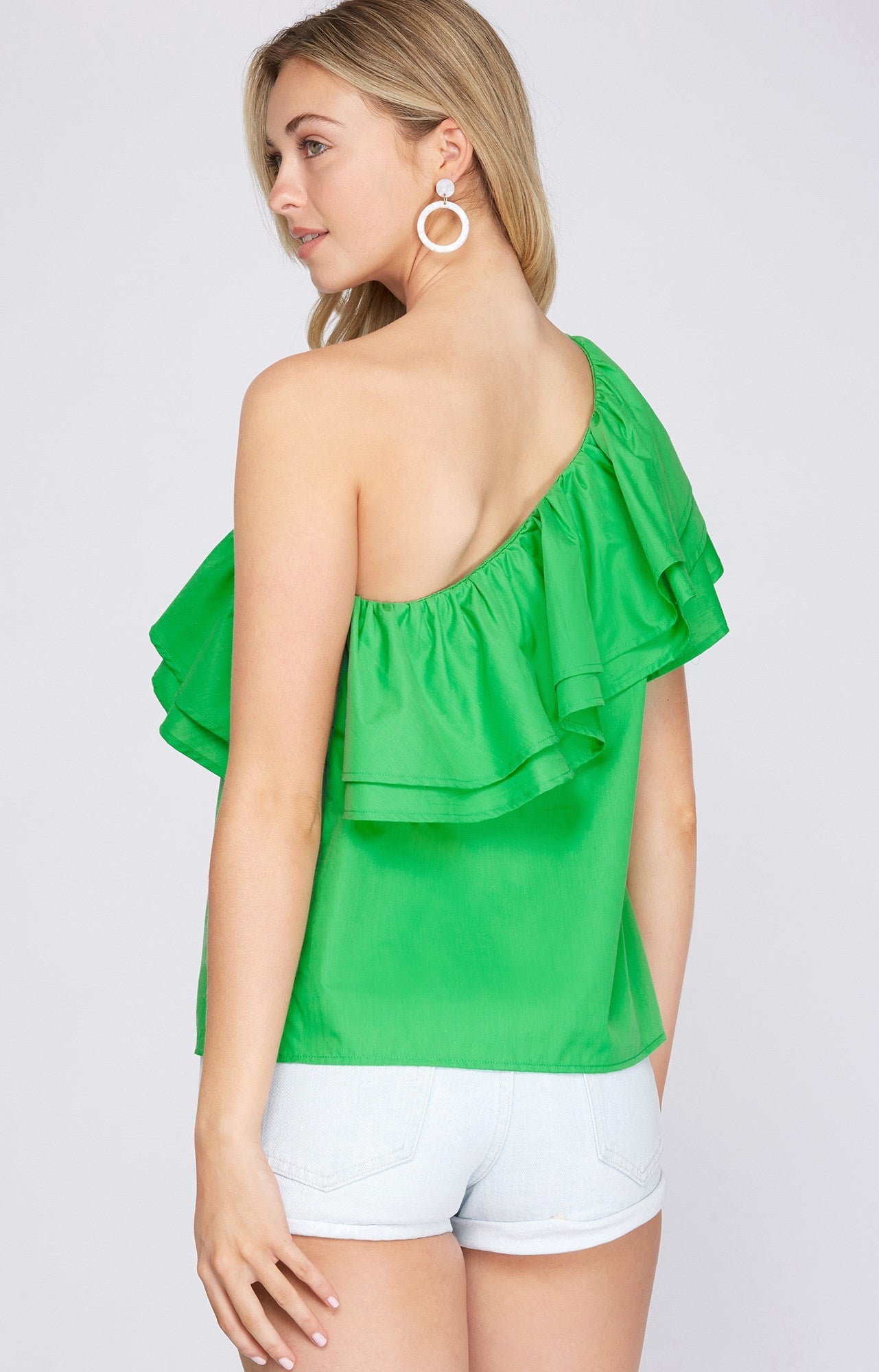 "Flirty Looks" Ruffle One Shoulder Top"- Green