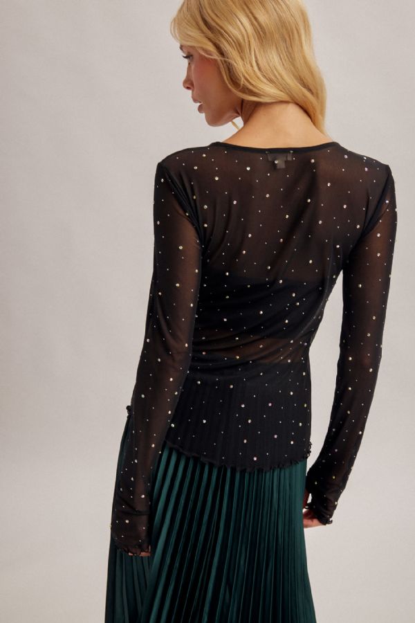 Rhinestoned Mesh Top