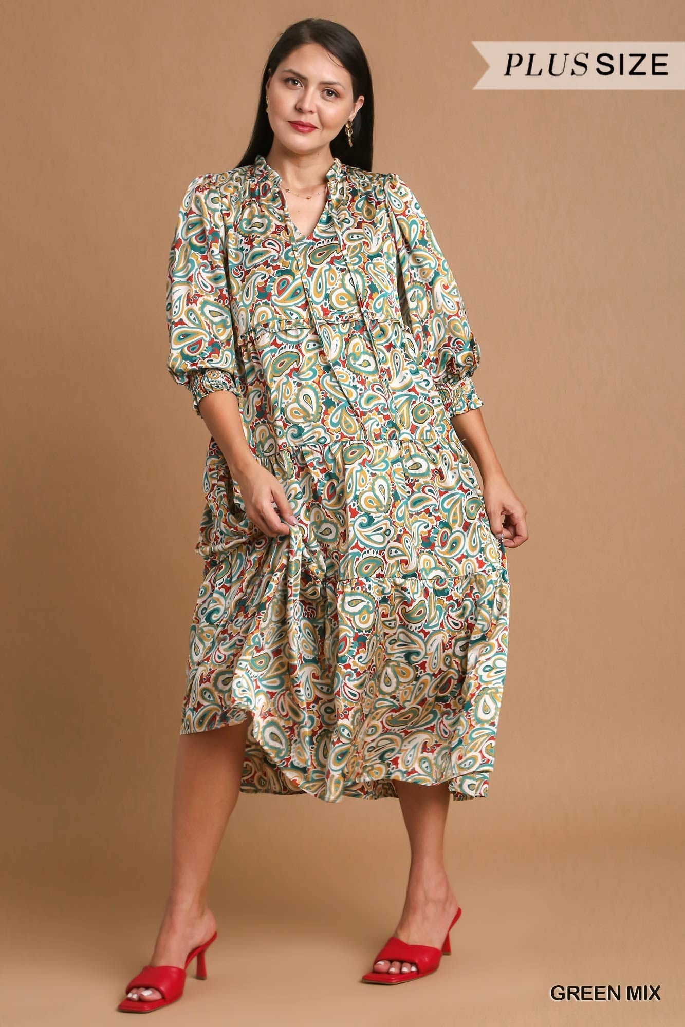 Satin Paisley Midi Dress with Ruffle Neck Tie