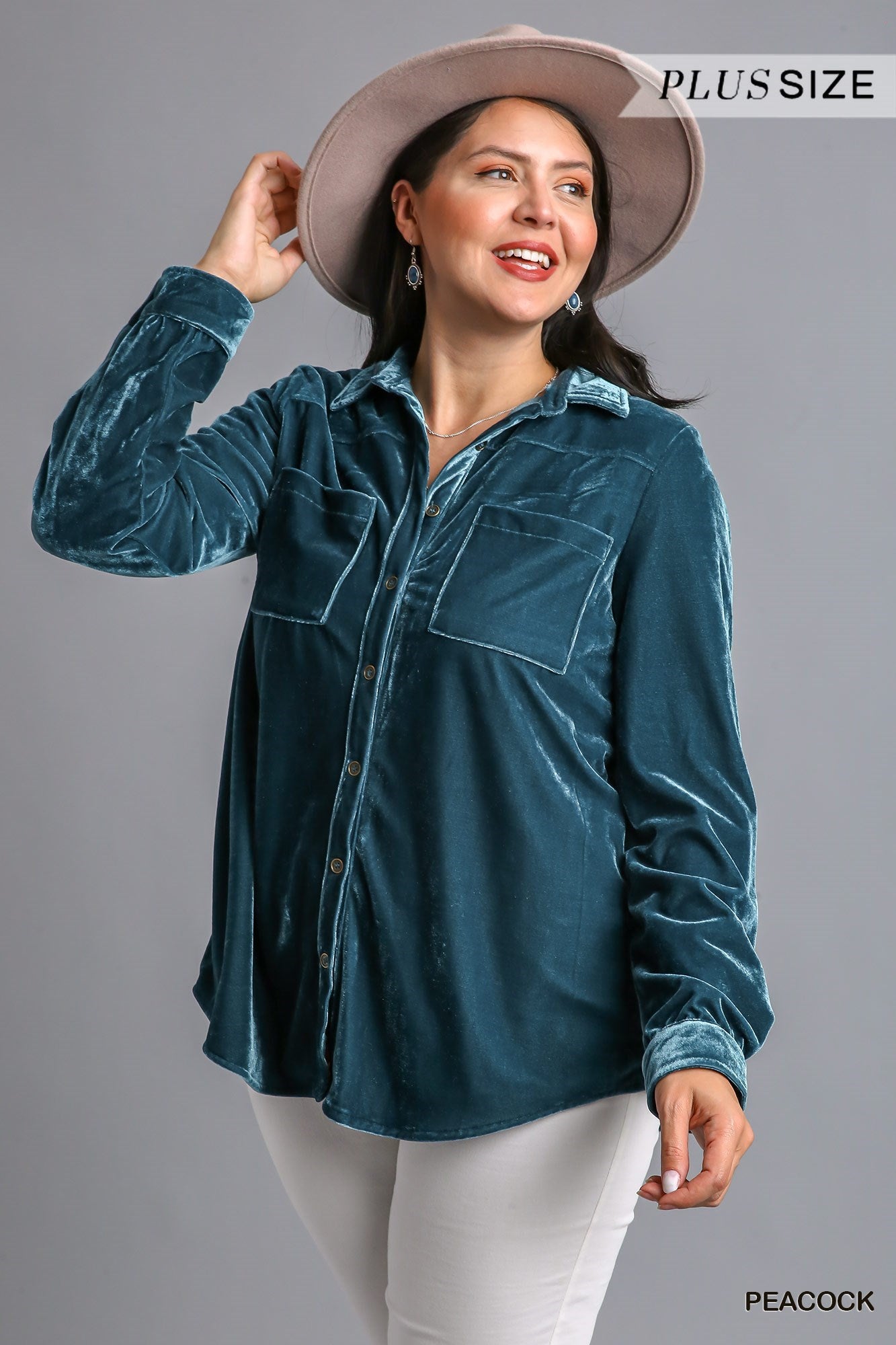 Umgee® Long Sleeve Velvet Button Up Top with Pockets