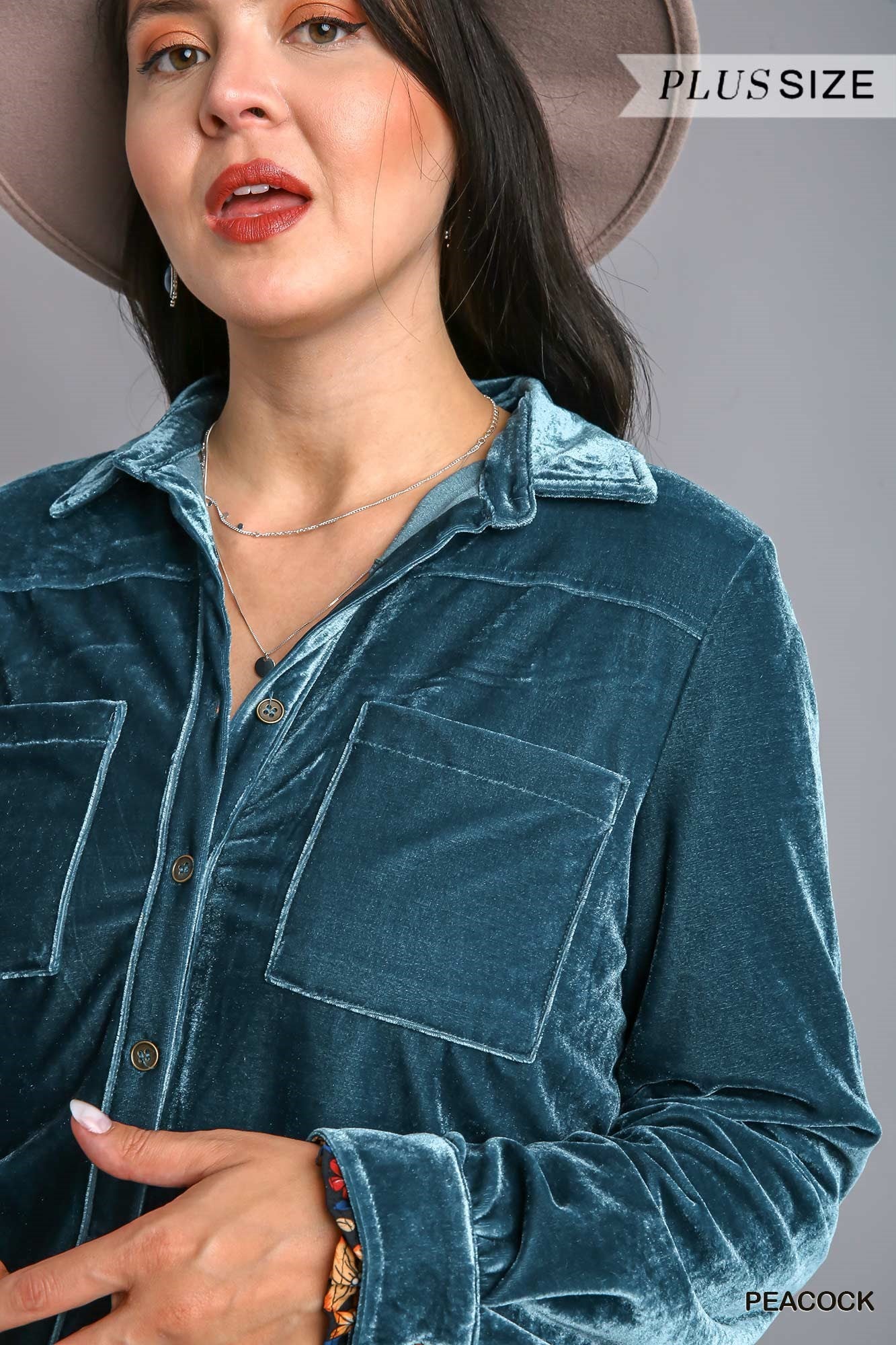 Umgee® Long Sleeve Velvet Button Up Top with Pockets