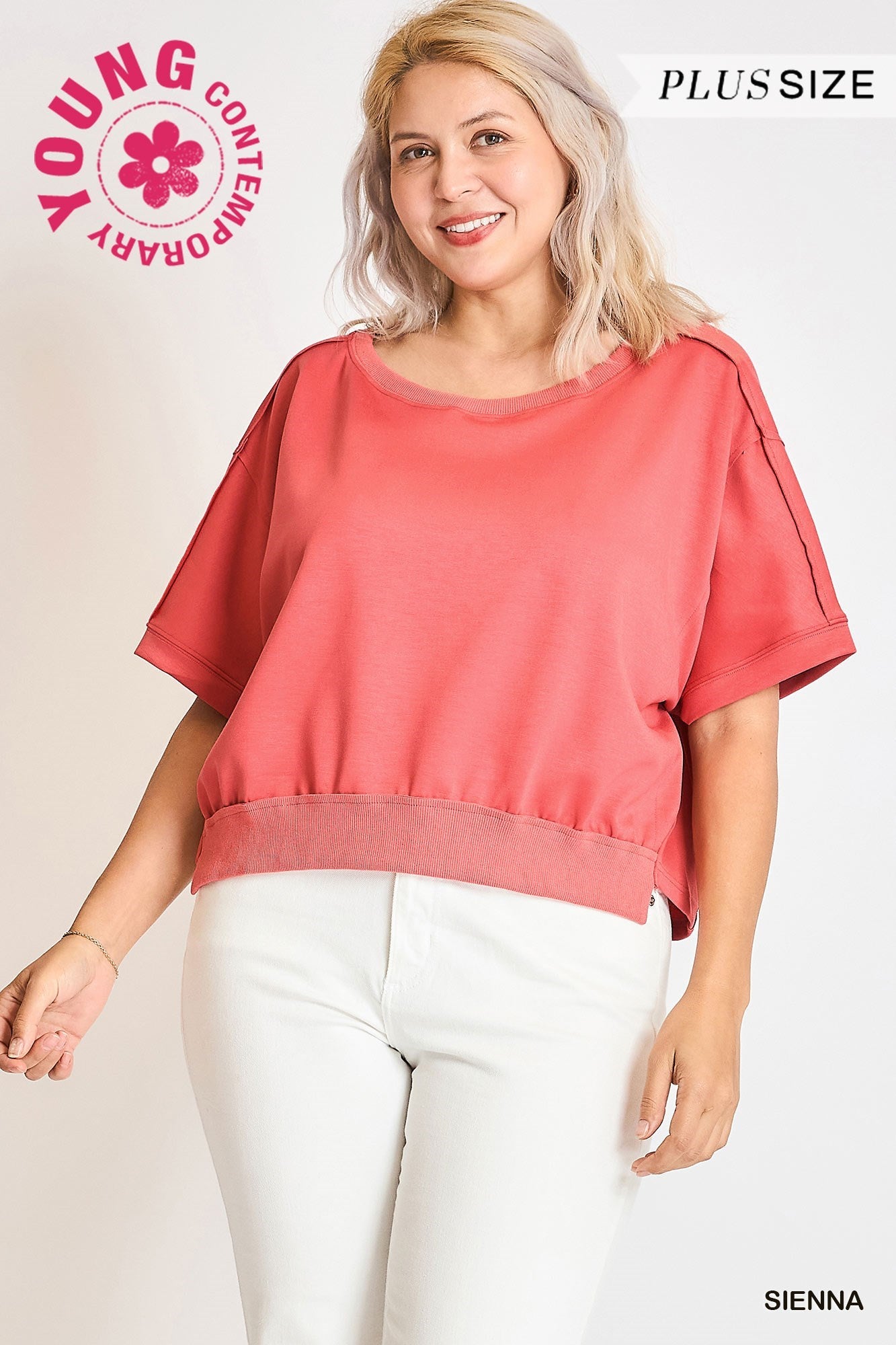 Umgee Luxeknit Cropped Sweatshirt- CORAL