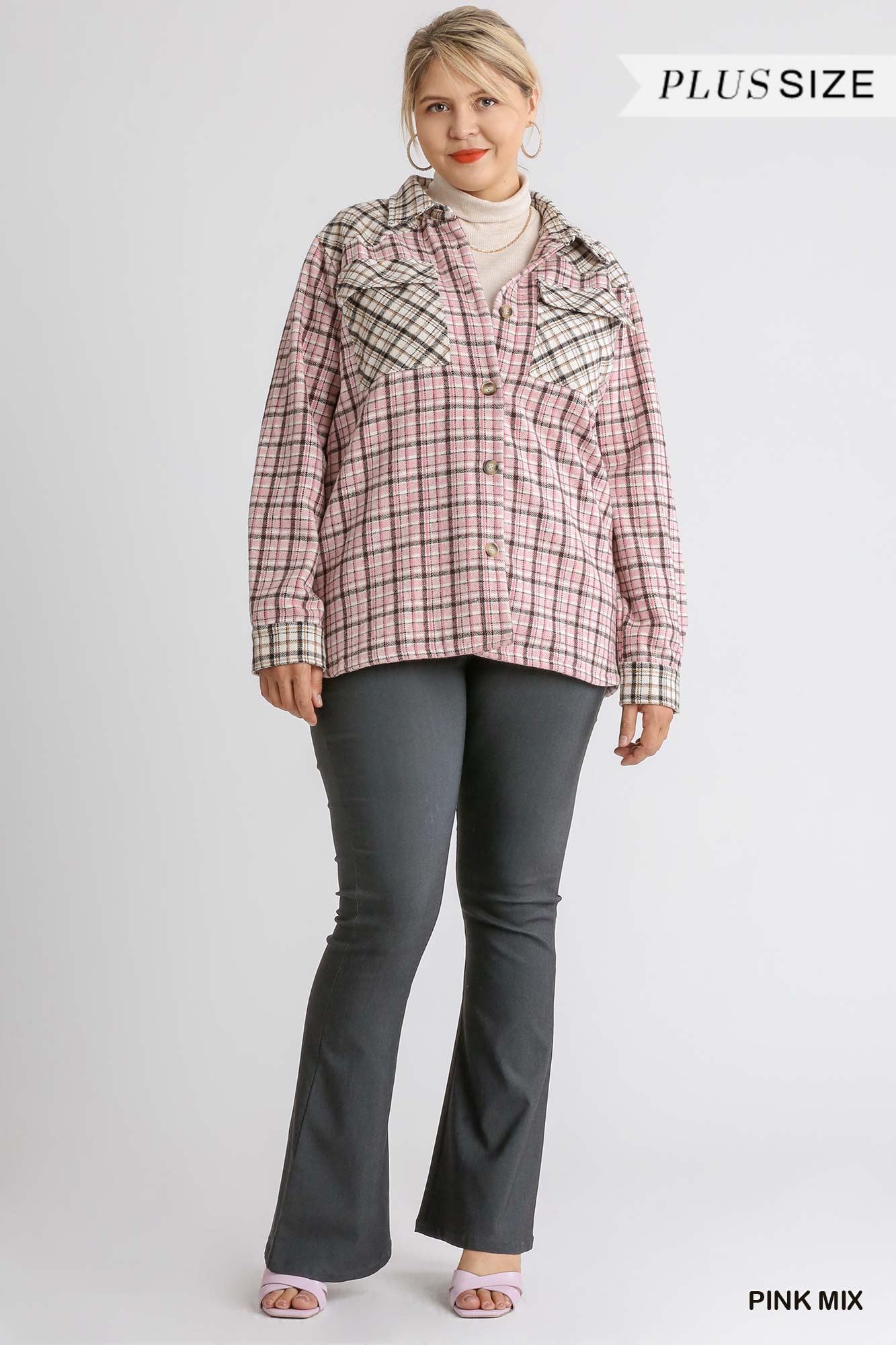 UMGEE® Color block Button Down Shacket- Pink Plaid (Plus)