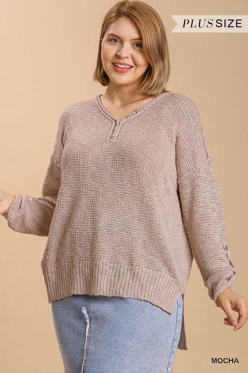 UMGEE® V-Neck Knitted Pullover Sweater - Mocha (Plus)