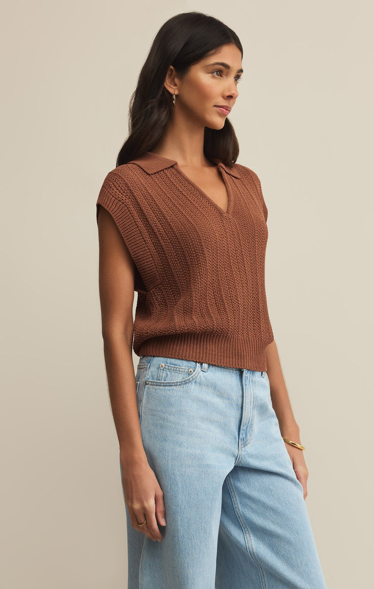 Z Supply Lauden Crochet Polo Top- Teakwood