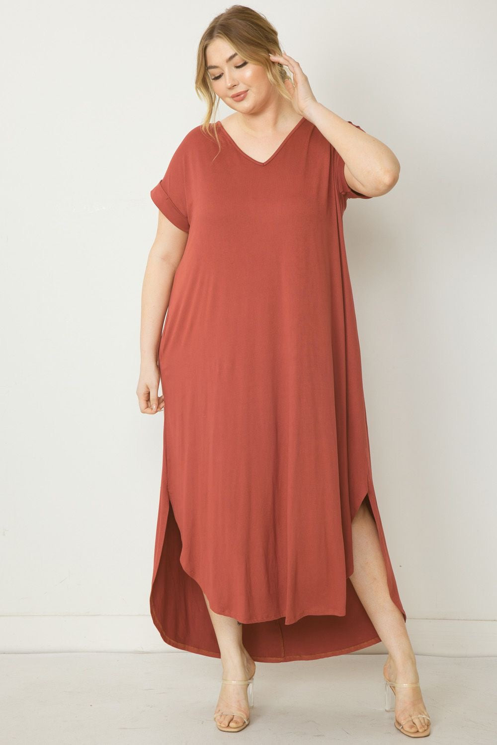 Jersey Knit Maxi Dress With Pockets & Rolled Sleeve Available in Small - 2XL