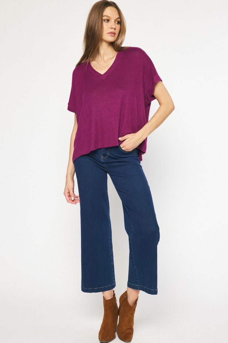 Short Sleeve V-Neck Knit Top With Hi-Lo Hem