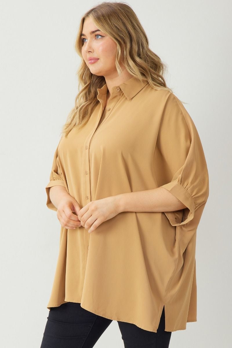 Entro® Dolman Curvy 3/4 Sleeve Button Up Top- Camel