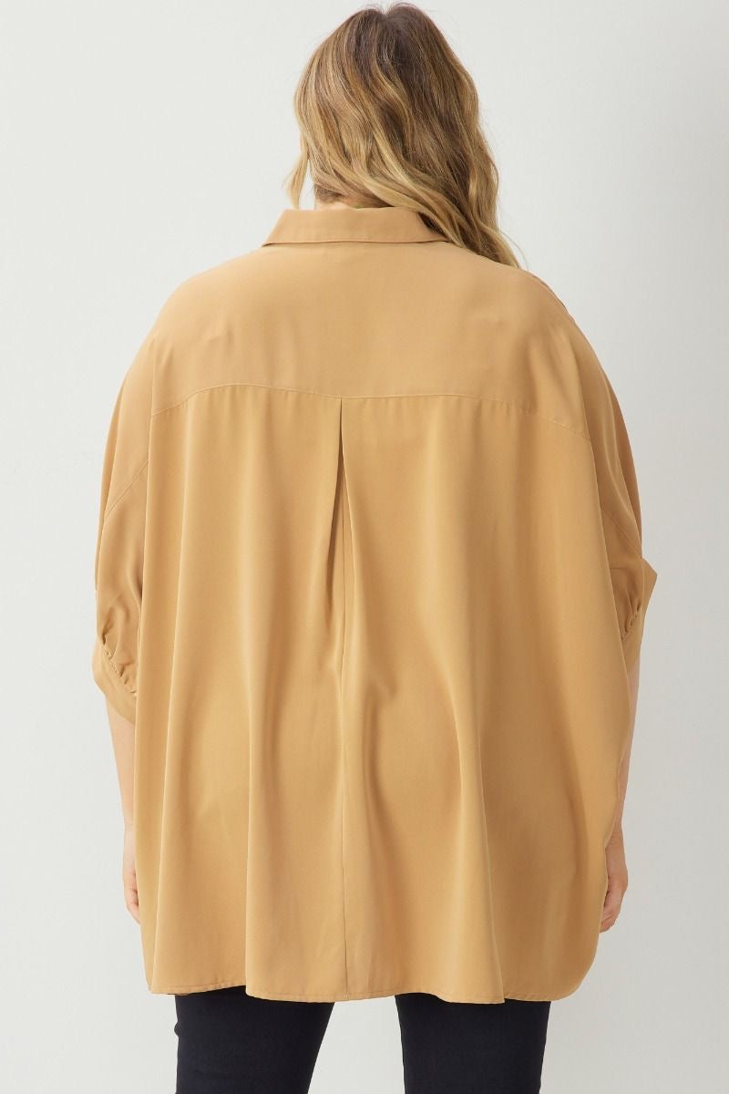 Entro® Dolman Curvy 3/4 Sleeve Button Up Top- Camel