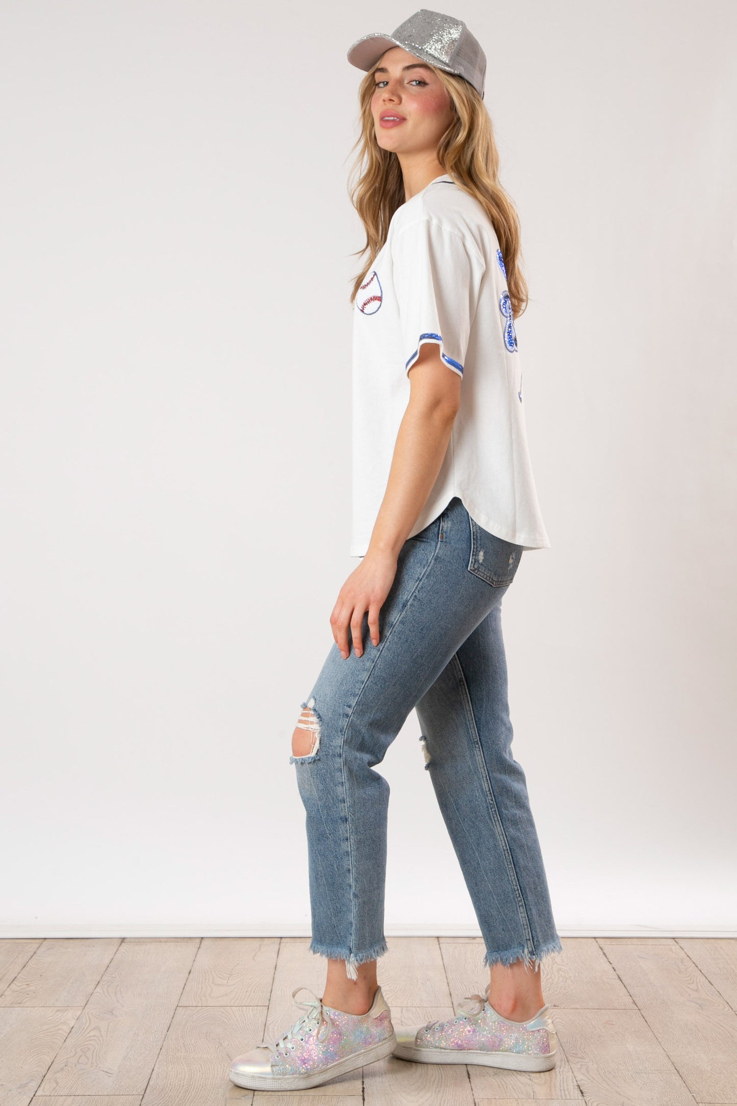 "Batter Up" Sequin Baseball Jersey-White