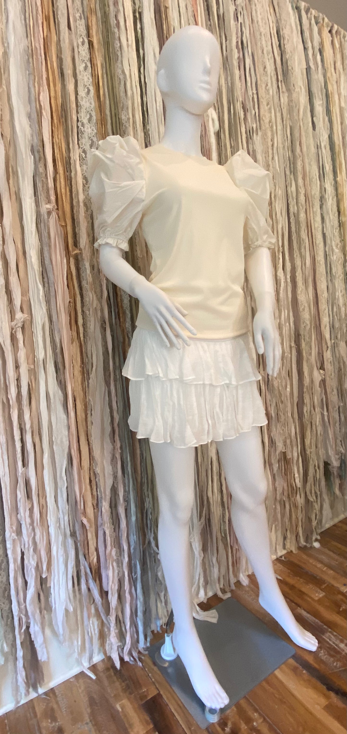 Puff Sleeve, Ribbed Knit Shirt- Ivory