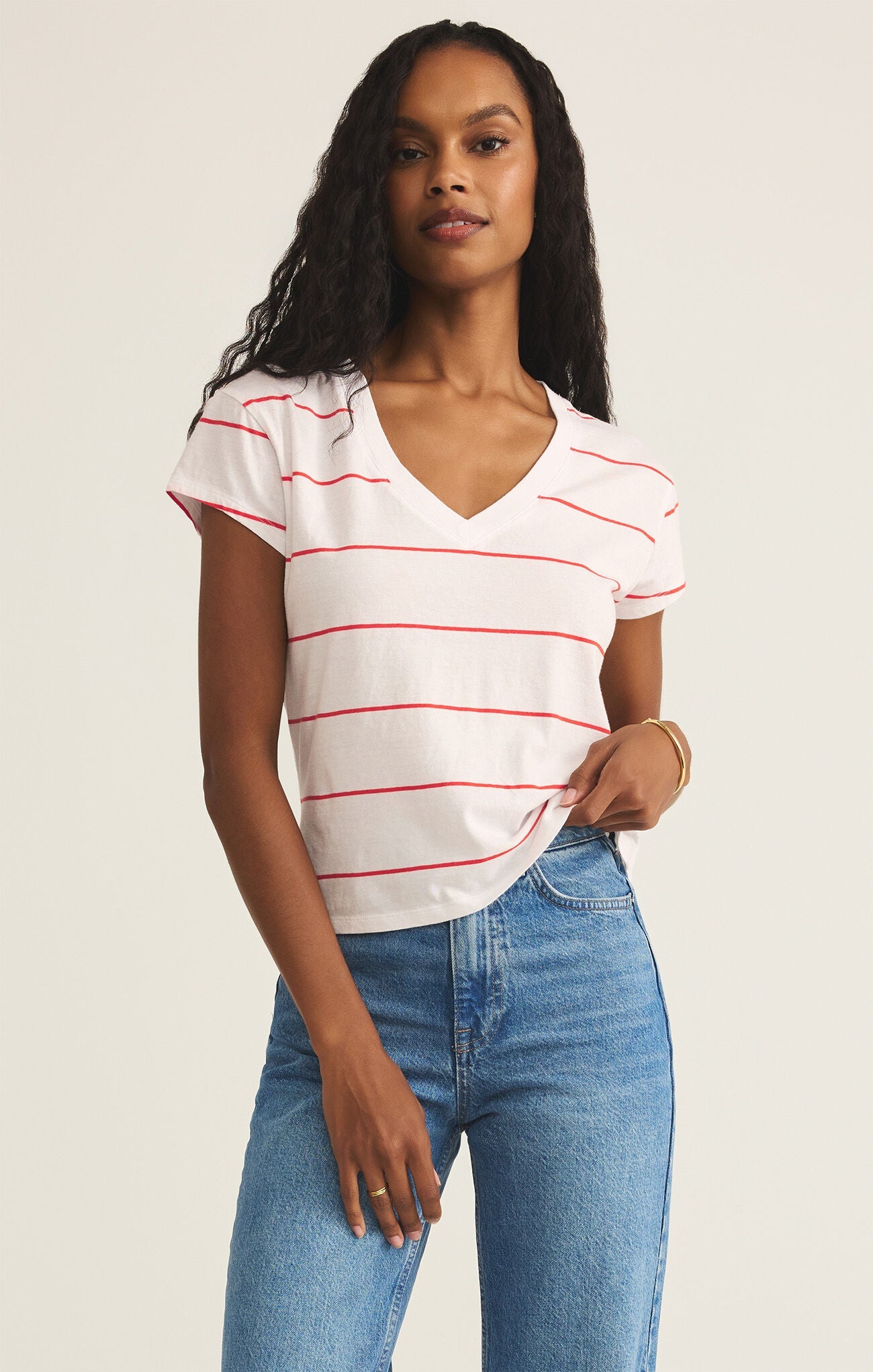 Z supply Striped Modern V-Neck- Red Hot