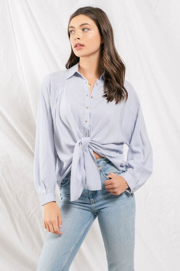 Blu Pepper® Front tie woven top- light blue