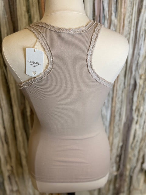Marisima® Ribbed Razor back tank top with sparkle fringed edge detail