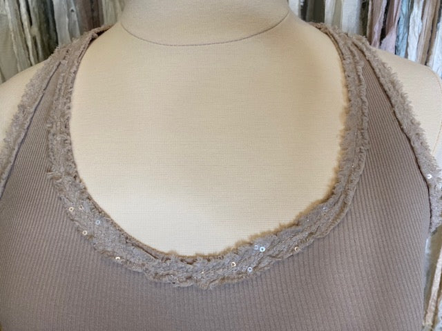 Marisima® Ribbed Razor back tank top with sparkle fringed edge detail