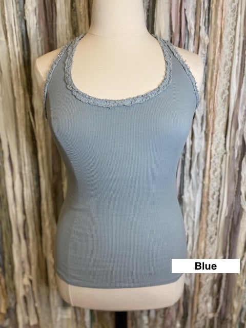 Marisima® Ribbed Razor back tank top with sparkle fringed edge detail