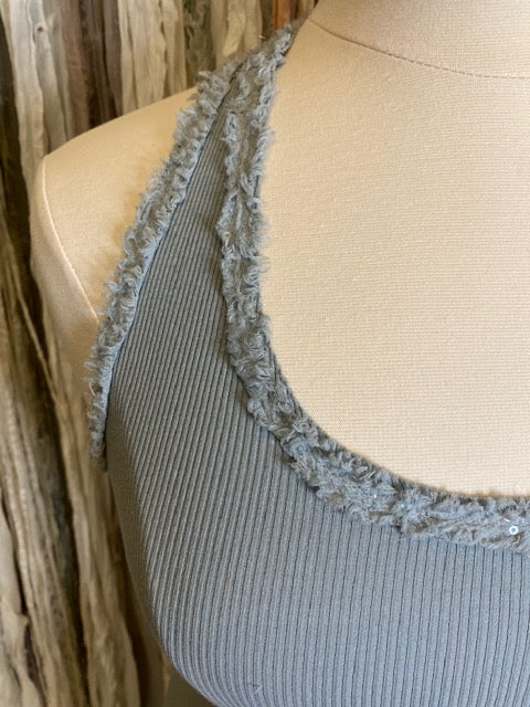 Marisima® Ribbed Razor back tank top with sparkle fringed edge detail