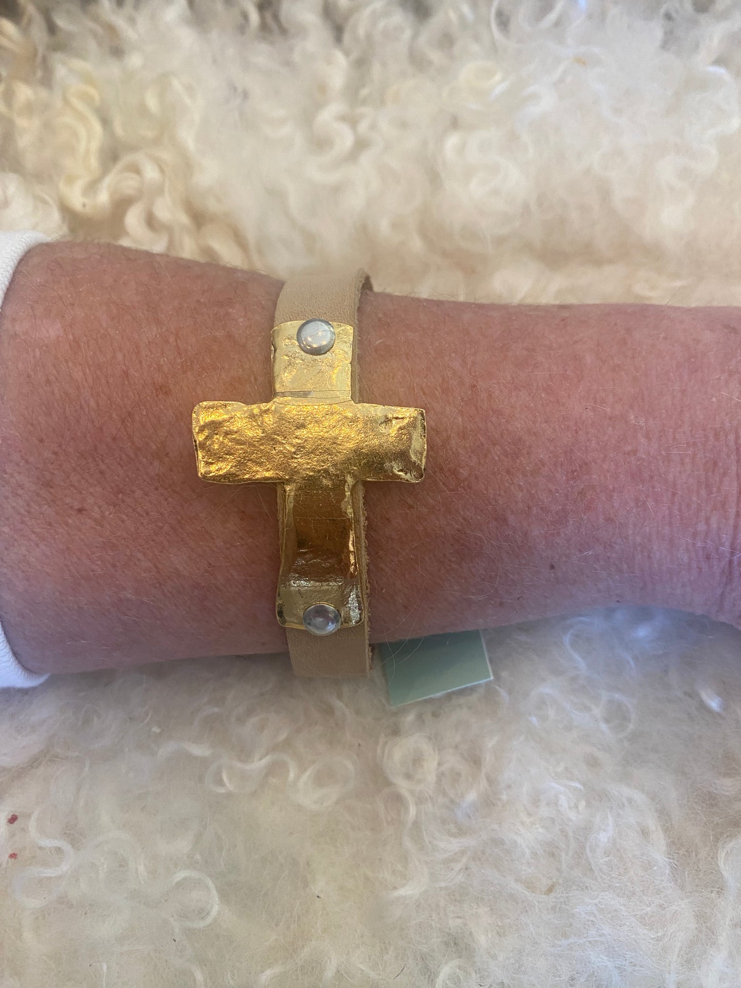Julio Designs®- Tecate Leather Bracelet with Hammered Gold Cross
