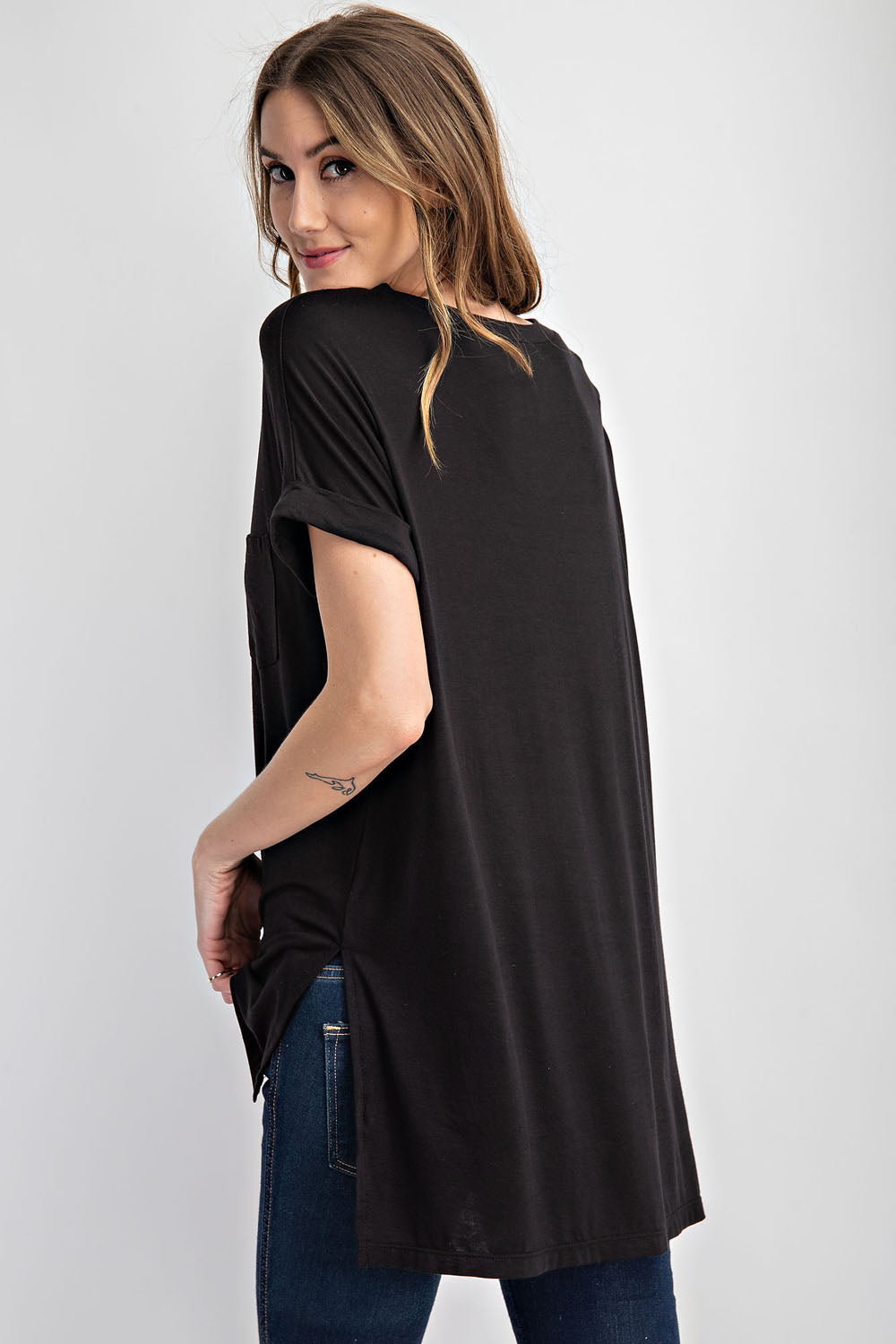 Rae Mode® Basic Booty Cover, High-Low T-shirt- Black