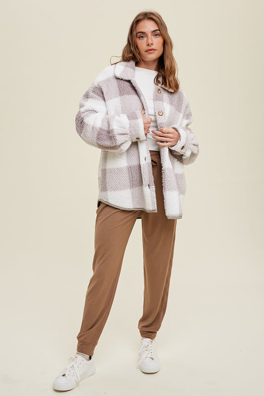 Plaid Sherpa Shacket- Cloud