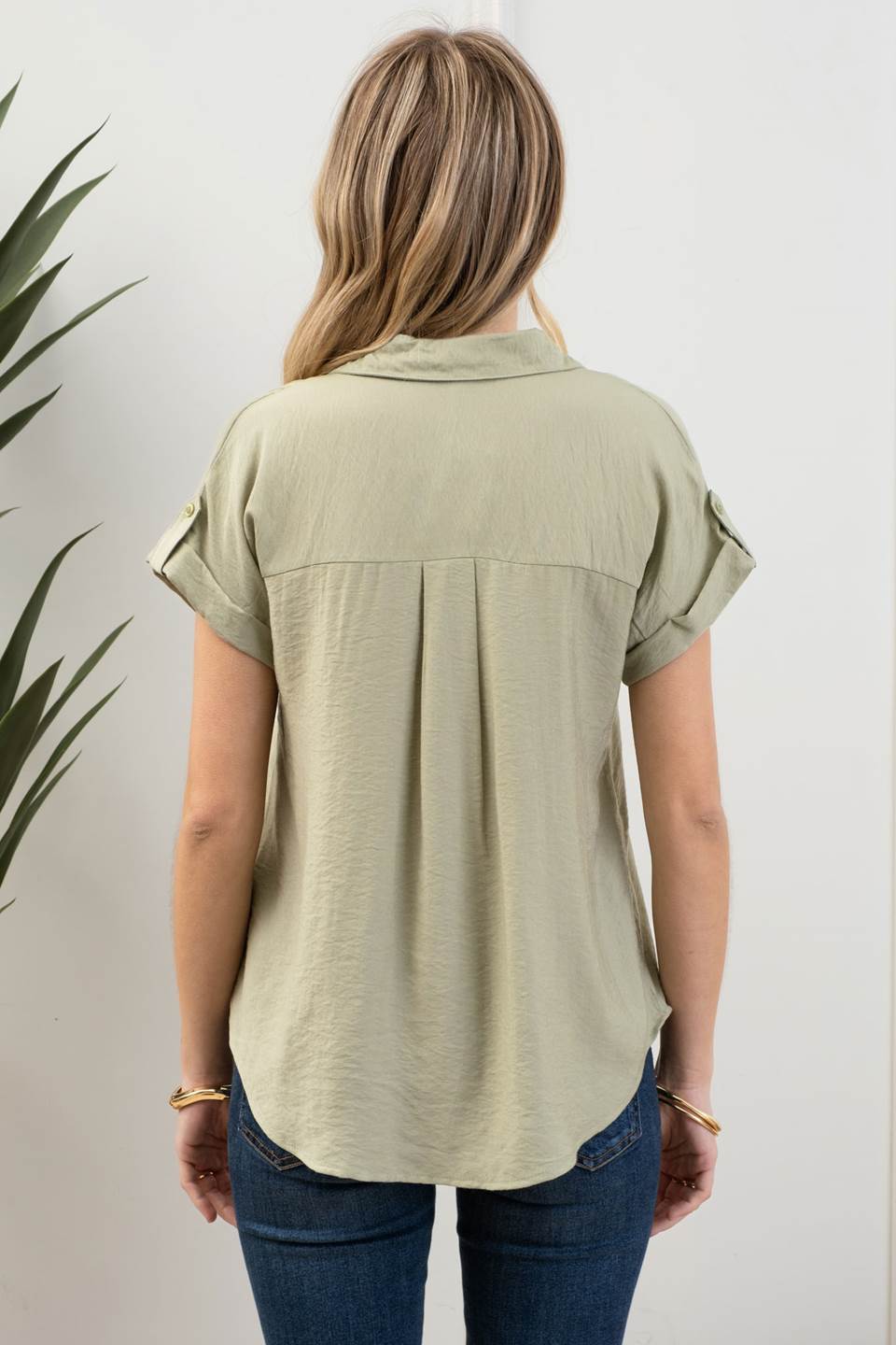 Tab Sleeve Button Down Top-Sage