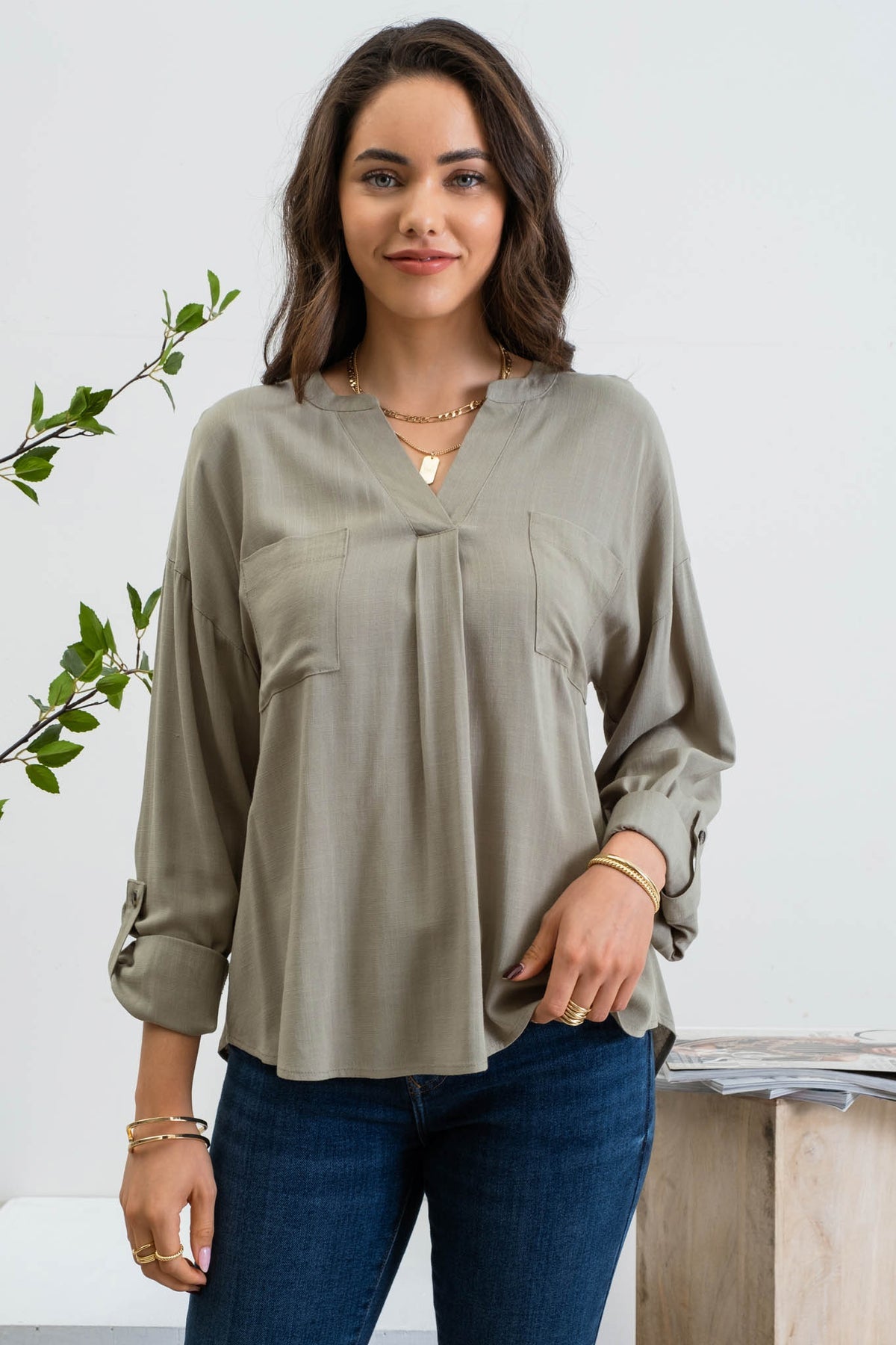 Split Neck Back Button Top