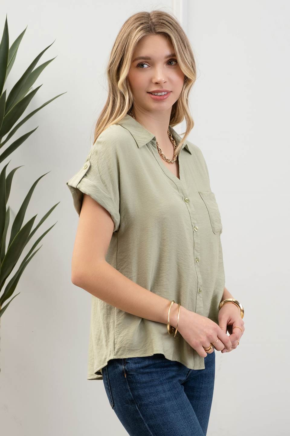 Tab Sleeve Button Down Top-Sage