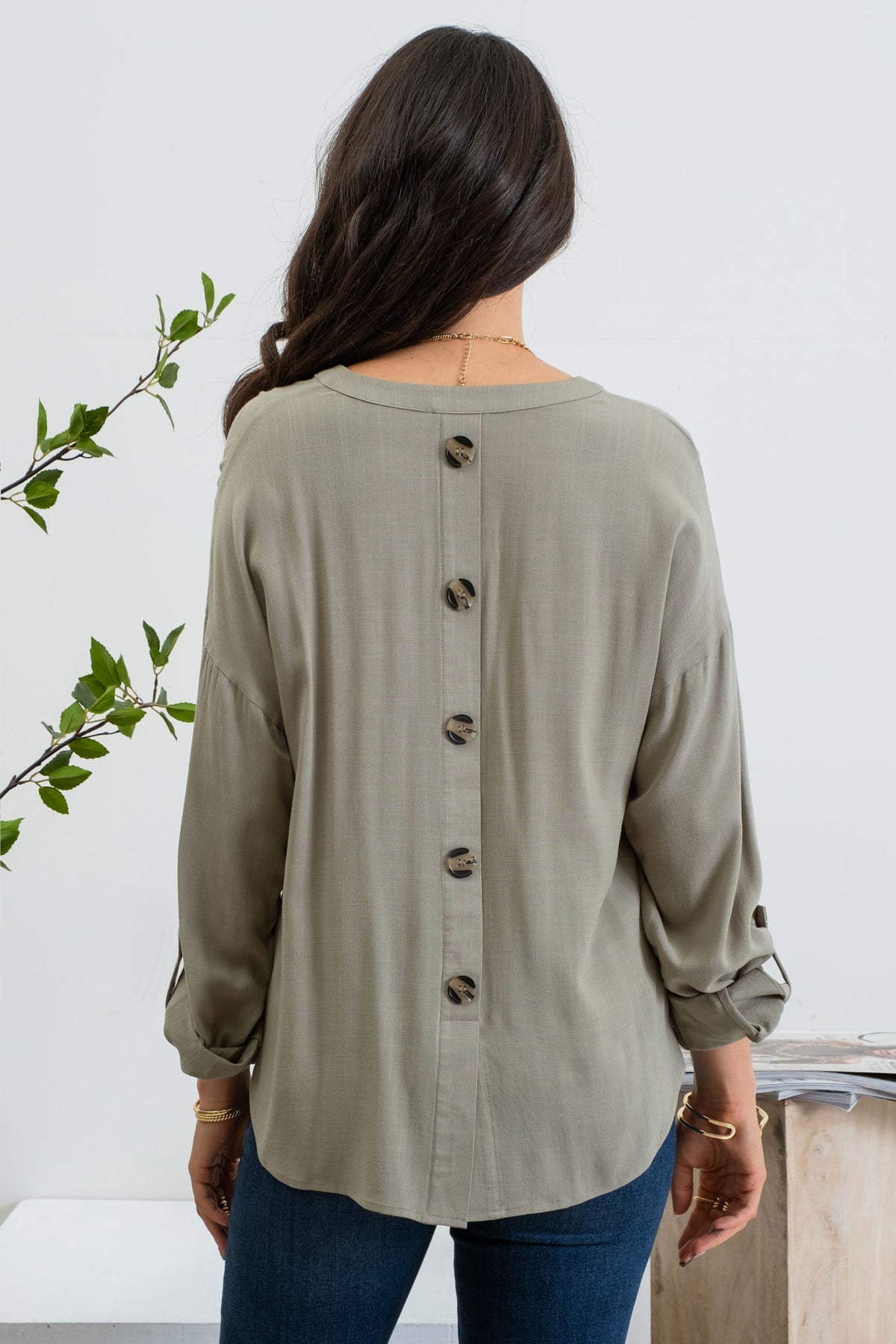 Split Neck Back Button Top
