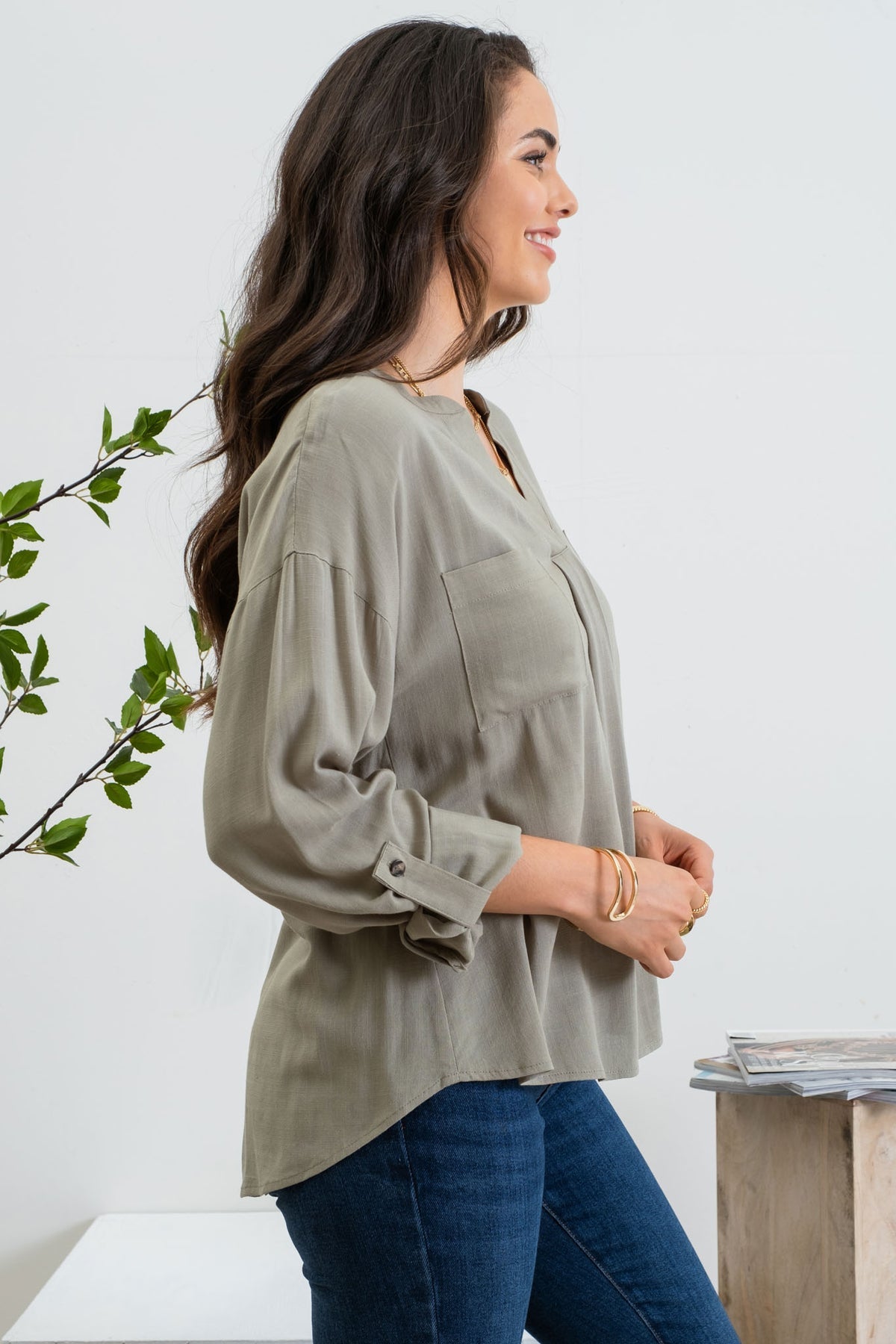 Split Neck Back Button Top