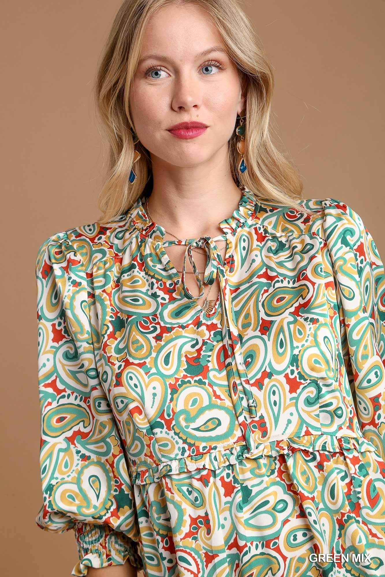 Satin Paisley Midi Dress with Ruffle Neck Tie