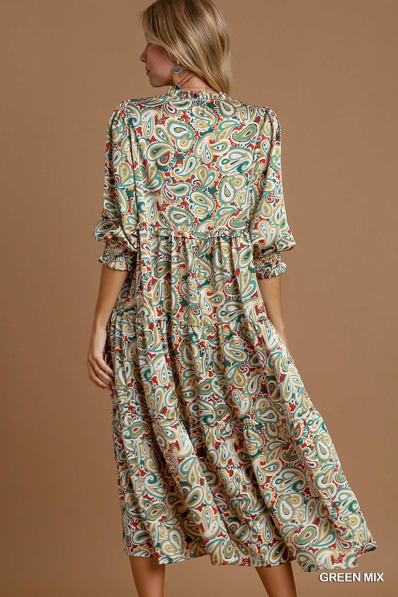 Satin Paisley Midi Dress with Ruffle Neck Tie