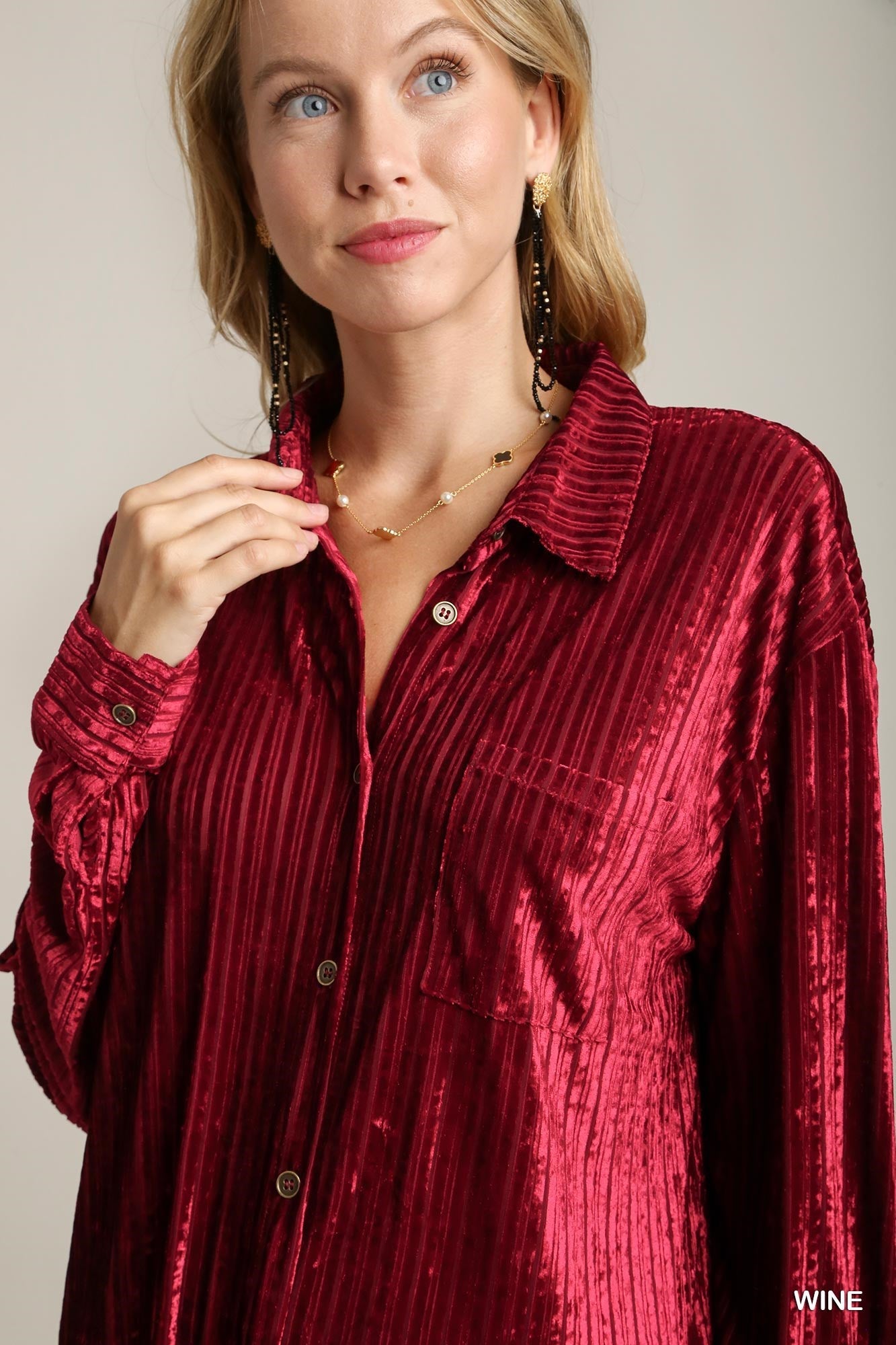 Stripped Crushed Velvet Button Down Shirt