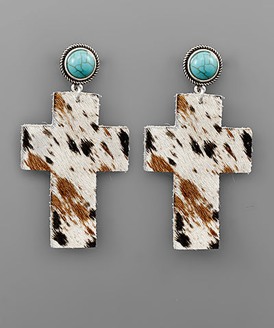Cowhide Cross Earrings