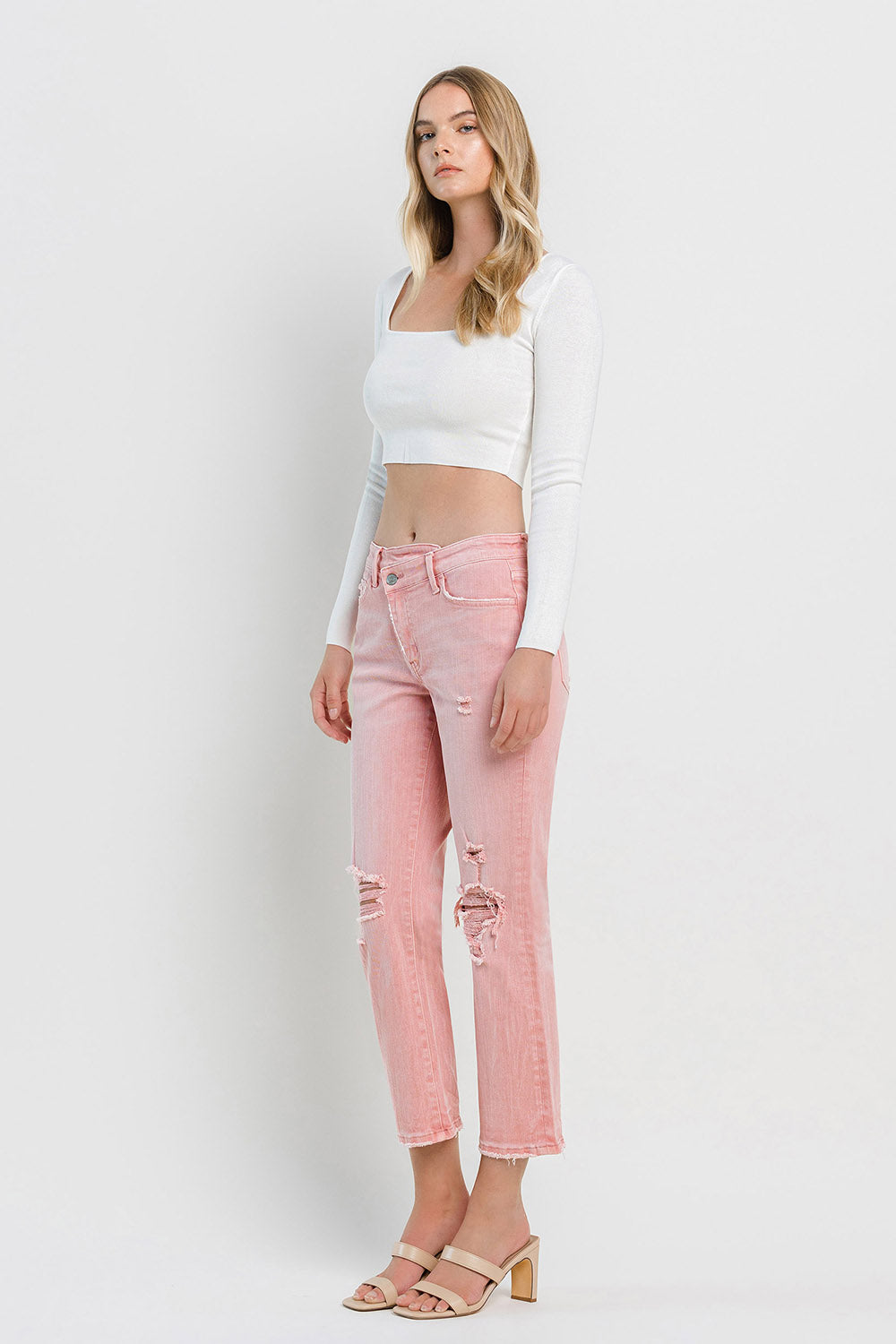 Flying Monkey High Rise Cross Cross Crop Jean in Bridal Rose