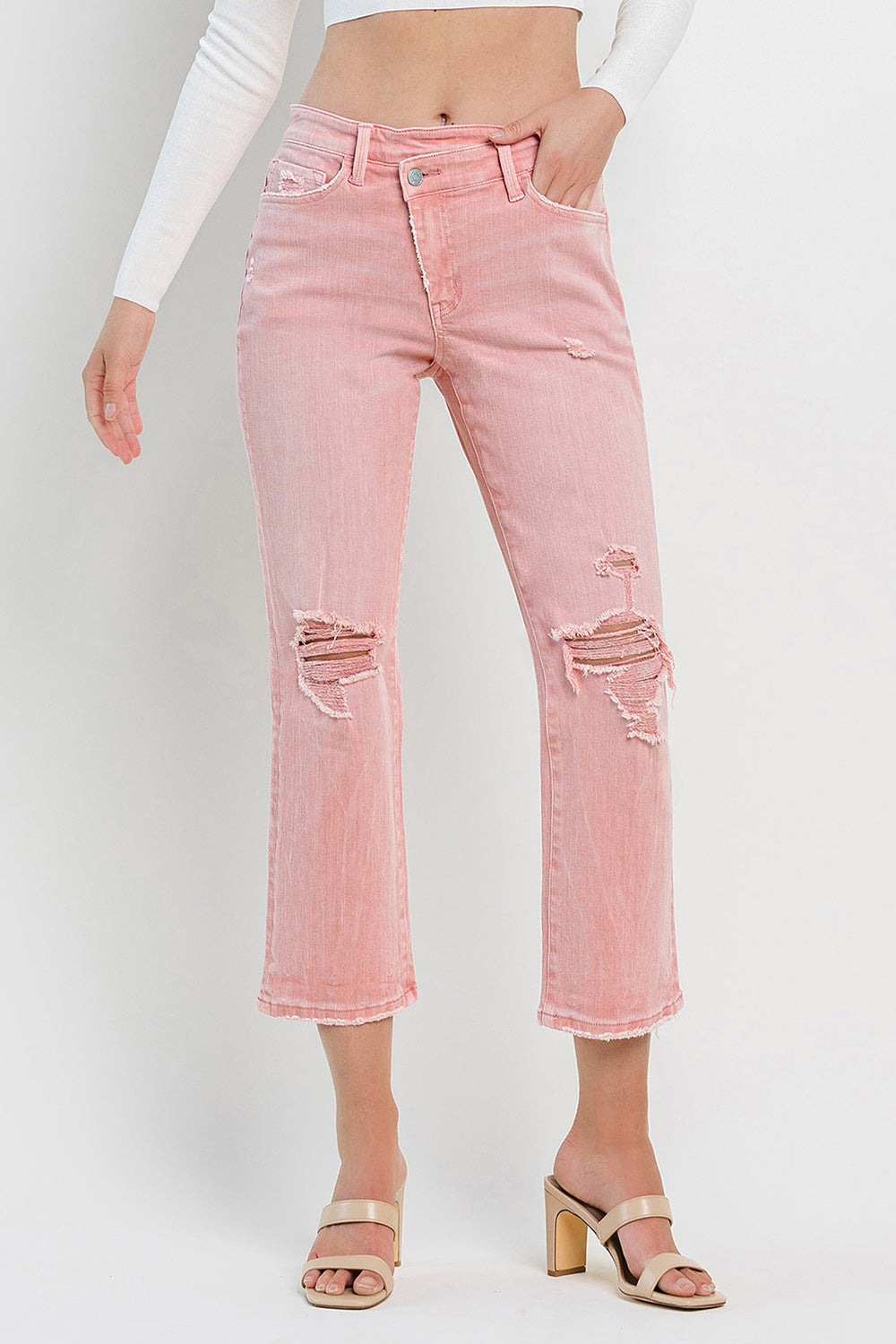 Flying Monkey High Rise Cross Cross Crop Jean in Bridal Rose