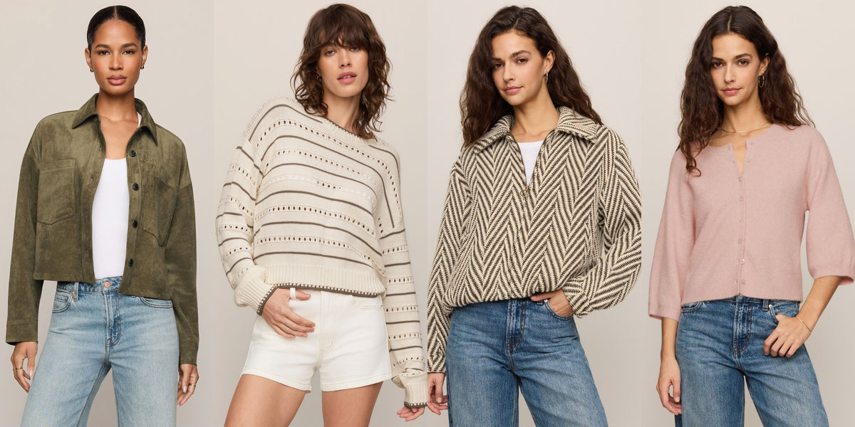 Featured brand Z Supply at Open Season: All Day Suede Jacket, Darby Stripe Sweater, Dunaway Bubble Jacket and Valor Cardigan