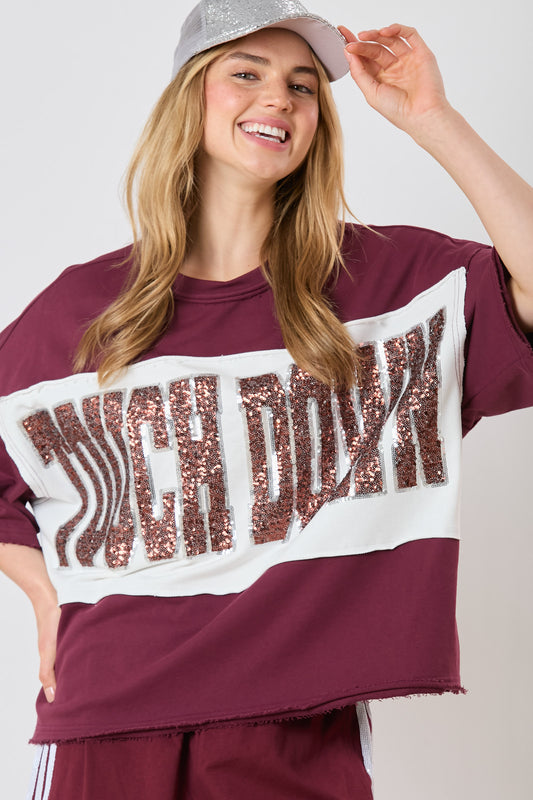 "TOUCHDOWN" Sequin Loose Fit top- Maroon and White